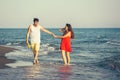 Young happy smiling couple walking on beach Royalty Free Stock Photo