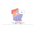 Young happy smiling Girl with notebook skateboarder rides a skateboard. Vector illustration in a flat style on a white