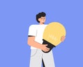 Young happy smiling male character is holding a big yellow light bulb. Imaginary idea, plan concept. Vector illustration Royalty Free Stock Photo