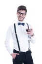 Young happy smiling man with red wine, isolated on white