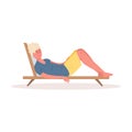 The young man in yellow shorts lies on the chaise-lounge chair and relaxing. Vector colorful illustration in cartoon