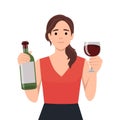 Young happy smiling woman toasting with wine glass and holding bottle of wine, asking people to join her Royalty Free Stock Photo