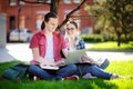 Young happy students with laptop, books and notes outdoors Royalty Free Stock Photo