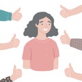 Young happy successful respected woman Hands with thumbs up around. Vector people approve concept.