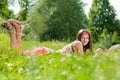 Young happy teenage girl with apple outdoors Royalty Free Stock Photo