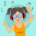 Young happy teenage girl singing and having fun listening to the music using wireless earphones