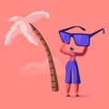 Young Happy Tiny Female Character Holding Huge Sunglasses in Hands Stand on Summer Sandy Beach with Palm Tree, Holiday