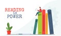 Young happy tiny man, student reading books at the library, reading is power concept, vector illustration