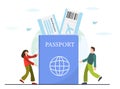 Young happy tiny man and woman walking with suitcases near passport and boarding passes for flight, booking tickets concept