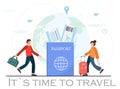 Young happy tiny man and woman walking with suitcases near passport and boarding passes for flight, booking tickets concept