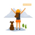 Young happy traveling hiker girl with a dog