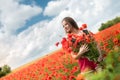 Young happy ukrainian woman holding bouquet of poppies flowers walking, enjoy sunny day in field Royalty Free Stock Photo