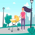 Young happy woman with baby carriage walking down the street. Smiling girl and modern little pram in the city park Royalty Free Stock Photo