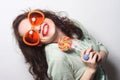Young happy woman with big orange sunglasses Royalty Free Stock Photo