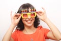 Young happy woman with big orange sunglasses Royalty Free Stock Photo