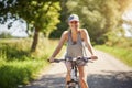 Young happy woman on a bike in countryside Royalty Free Stock Photo