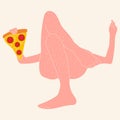 Young happy woman cartoon character or girl lies on bed at home eats pizza with leg hair.