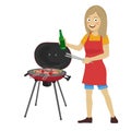 Young happy woman cooking barbecue grill holding a bottle and tongs