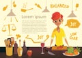 Young happy woman cooking in the kitchen. Healthy eating. Low Carb Diet flyer. Healthy Eating infographics. Vector illustration in