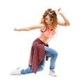 Young happy woman dancing against white background Royalty Free Stock Photo