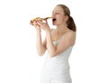 Young happy woman eating pizza Royalty Free Stock Photo