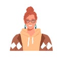 Young happy woman, face portrait. Laughing girl in glasses. Pretty funny redhead character with freckles. Joyful female