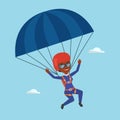 Young happy woman flying with parachute.