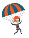 Young happy woman flying with parachute.