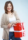 Young happy woman gift holding. Royalty Free Stock Photo