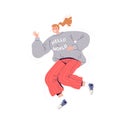 Young happy woman in a gray sweater and red pants fun jumps and laughs