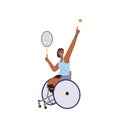 Young athletic woman having disability playing big tennis sitting in wheelchair vector illustration