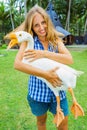 Young happy woman hold in hands funny pet - white goose Royalty Free Stock Photo