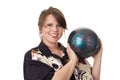 Young happy woman holding bowling ball Royalty Free Stock Photo