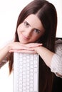 Young Happy Woman Holding keyboard Over White Background