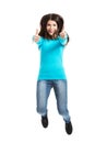 Young happy woman jumping with thumbs up Royalty Free Stock Photo