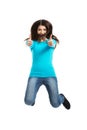 Young happy woman jumping with thumbs up Royalty Free Stock Photo