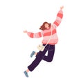 Young happy woman in a pink sweater and black pants fun jumps and laughs