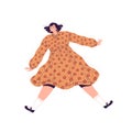 Young happy woman in a pretty flowered dress fun jumps and laughs