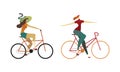 Young Happy Woman Riding Bicycle Enjoying Vacation or Weekend Activity Vector Set Royalty Free Stock Photo