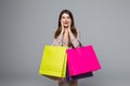 Young happy woman shopping bags over grey background Royalty Free Stock Photo