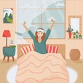 Young happy woman in sleep mask stretching her arms and smiling after waking up. Good morning concept. Smiling positive woman