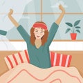 Young happy woman in sleep mask stretching her arms and smiling after waking up. Good morning concept. Smiling positive woman