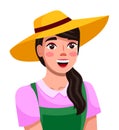 Young happy woman in a straw hat with wide brim, dressed in a pink dress and a green apron