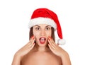 Young happy woman in swimsuit and christmas hat. emotional woman in red santa claus hat isolated on white background. Happy Christ Royalty Free Stock Photo