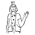 Young happy woman waving hand in greeting gesture, saying hello, sketch vector isolated. Royalty Free Stock Photo
