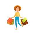 Young happy woman wearing in a hat with shopping bags, girl shopping in a mall cartoon vector illustration Royalty Free Stock Photo