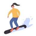 Young happy woman in winter outwear snowboarding on snow vector flat cartoon illustration Royalty Free Stock Photo