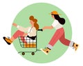 Young happy women in the supermarket, a woman pushes her friend in a shopping cart. Flat character illustration, clip art