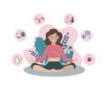 Young happy yoga mom is relaxing in the middle of the mess around and despite household duties. . Vector flat