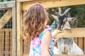 Young happy young girl feeding goat on farm Royalty Free Stock Photo